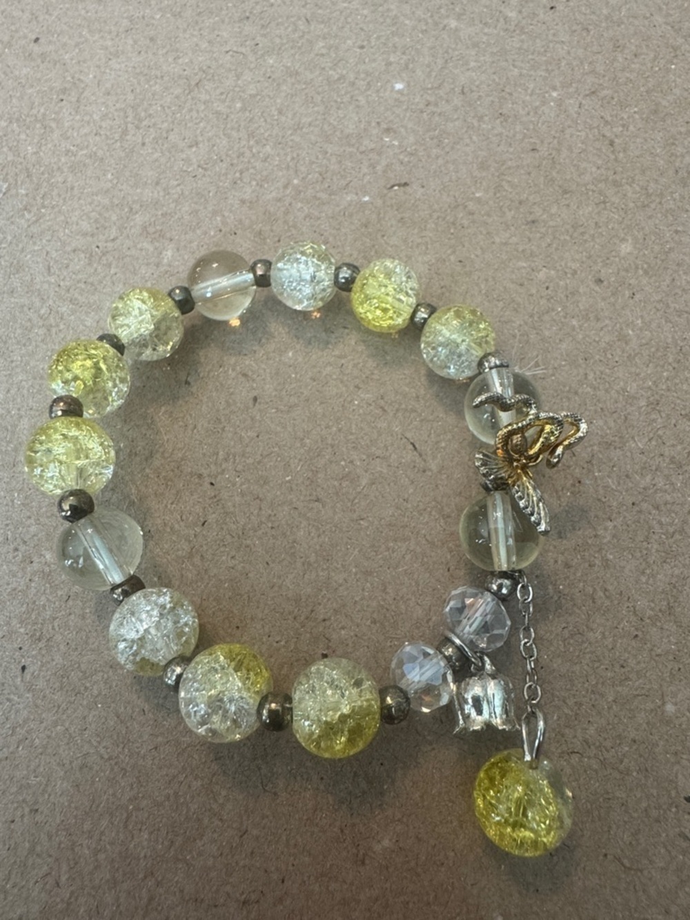 Yellow Crackle Bead Stretch Bracelet with Charm
